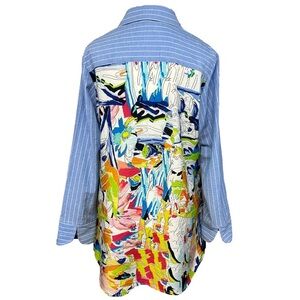 Shana Mixed Media Striped Watercolor Print Button Up Top Small Artsy Lagenlook
